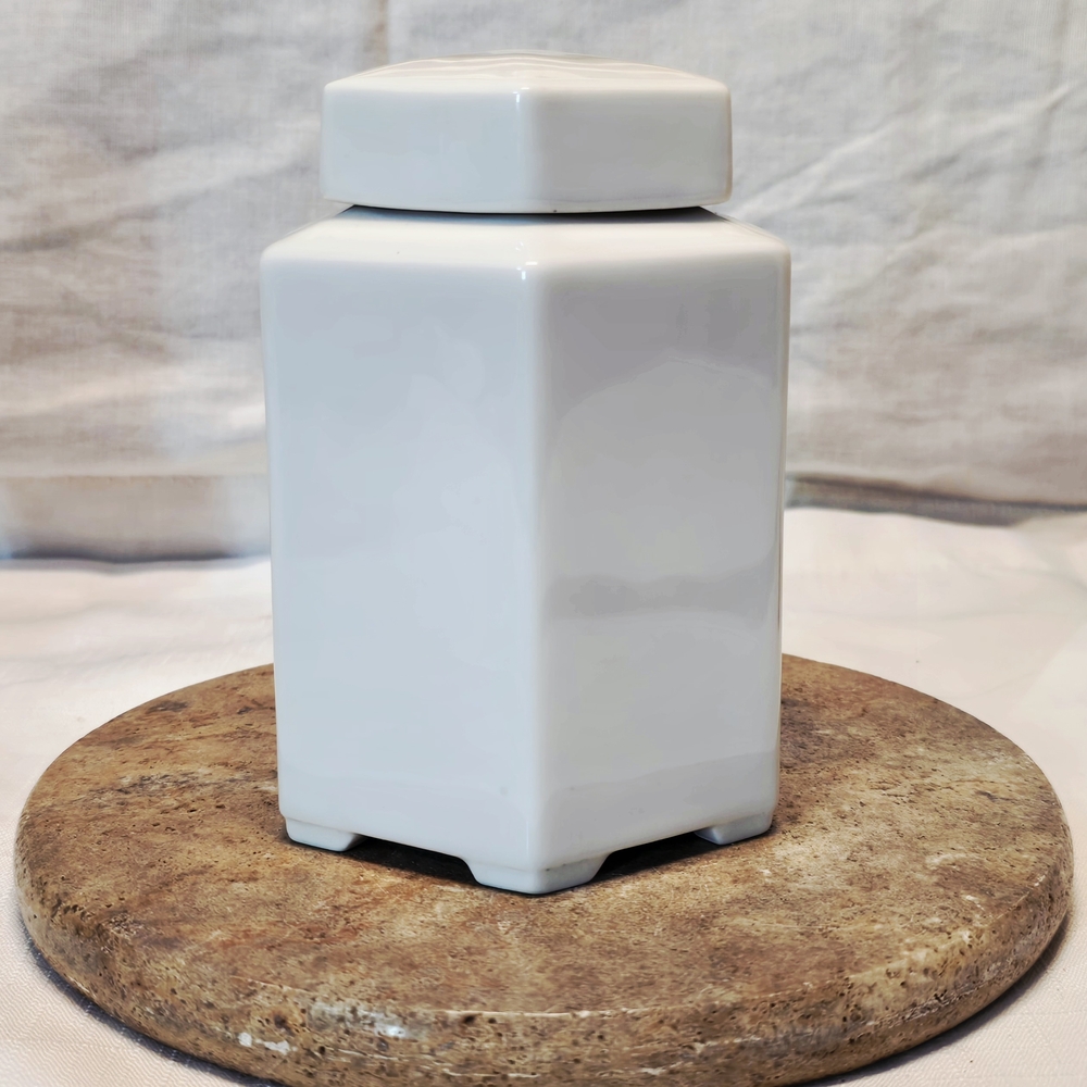 Pier 1 Imports White Porcelain Hexagonal Tea Jar 5\" Ginger Jar Tabletop Decor